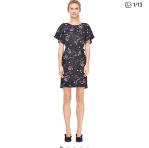 Rebecca Taylor 109% Silk Navy Neptune Midi Dress with Pink Floral Print Size 8
